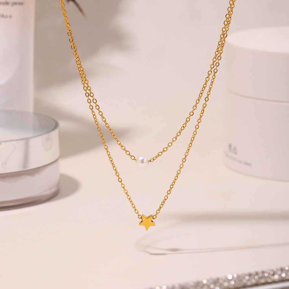 Sternen-Doppelkette mit Perlenimitat – 18K vergoldeter Edelstahl oder Silberoptik für stylisches Layering