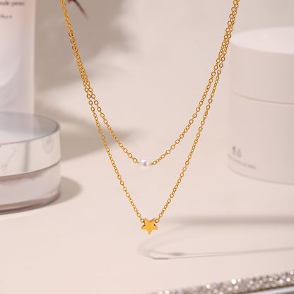 Sternen-Doppelkette mit Perlenimitat – 18K vergoldeter Edelstahl oder Silberoptik für stylisches Layering