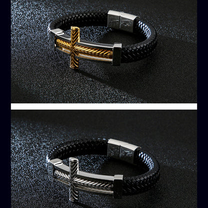 Herren Armband aus geflochtenem Leder mit Edelstahl-Kreuz – Robustes Männer-Armband