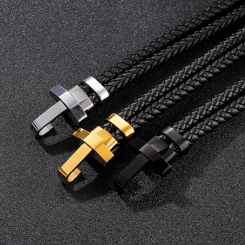 Edelstahl Armband für Herren – Stilvolles Ledergeflecht mit geometrischem Verschluss