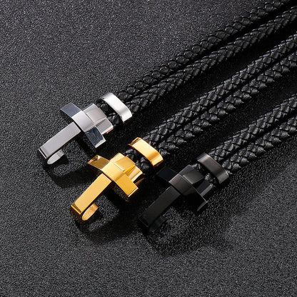 Edelstahl Armband für Herren – Stilvolles Ledergeflecht mit geometrischem Verschluss