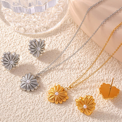 Retro Blumen-Ohrstecker & Kette | Edelstahl mit 18K Goldbeschichtung oder Hochglanz-Silberoptik - Zeitlos elegant