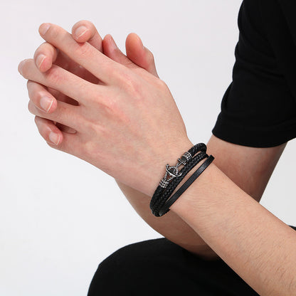 Maritimes Lederarmband mit Anker-Charm aus Edelstahl – Mehrlagig handgeflochten