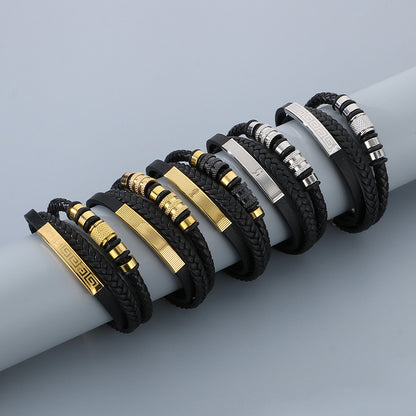 Herren-Armband aus Titanstahl - Mehrlagiges Ledergeflecht mit gebogenem Edelstahlblech und Magnetverschluss