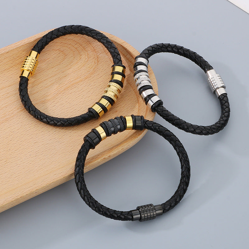 Ledergeflecht-Armband für Herren mit Edelstahl-Magnetverschluss