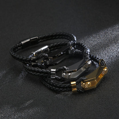 Edelstahl-Armband mit doppeltem Ledergeflecht – Titanstahl-Akzente für urbanen Style