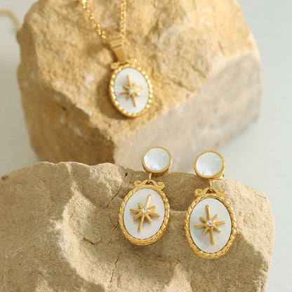 Weißes Muschel-Stern-Anhänger Set mit Zirkonia | Edelstahl Schmuck in 18K Gold oder Hochglanz-Silber - Inklusive Ohrstecker