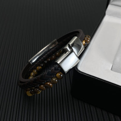Geflochtenes Lederarmband mit Tigerauge für Männer – Mehrlagiges Design