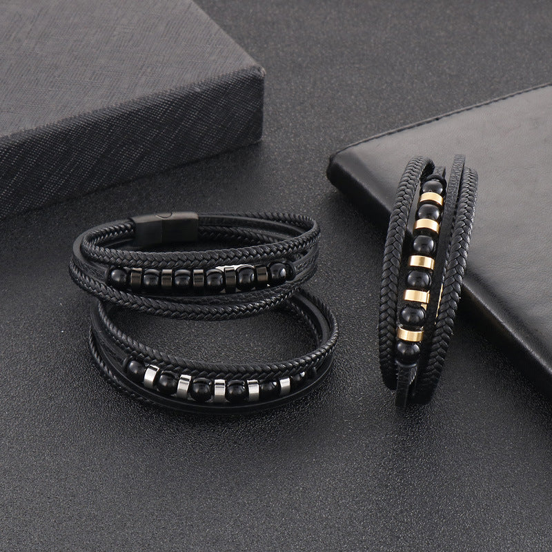 Mehrlagiges schwarzes Lederarmband mit Edelstahl-Akzenten – Handgeflochtener Unikatschmuck