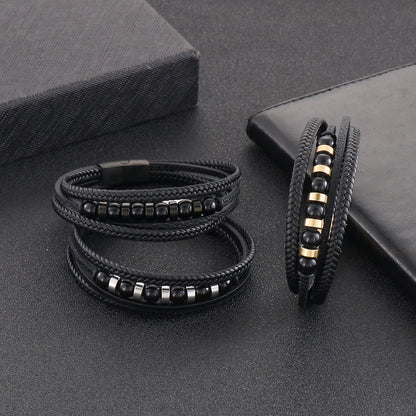 Mehrlagiges schwarzes Lederarmband mit Edelstahl-Akzenten – Handgeflochtener Unikatschmuck