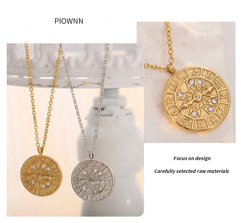 Retro-Medaille-Anhänger mit Zirkonia & Relief-Zifferblatt – Edelstahlkette in Gold oder Silber