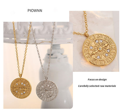 Retro-Medaille-Anhänger mit Zirkonia & Relief-Zifferblatt – Edelstahlkette in Gold oder Silber