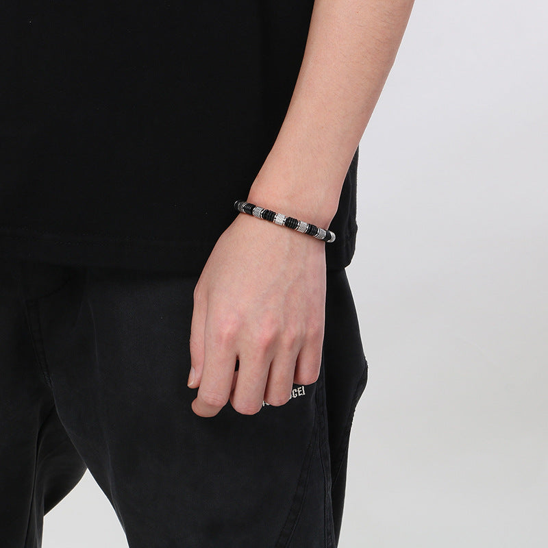 Edelstahl-Armband für Männer mit Microfaser-Leder-Einsatz – Zeitloses Perlen-Design für Business & Freizeit