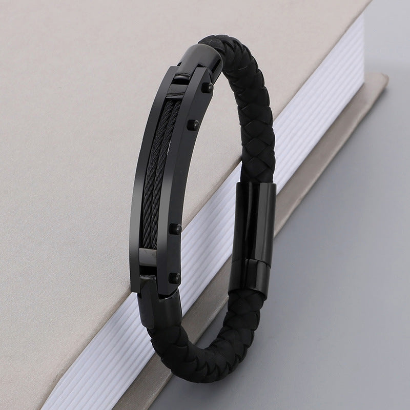 Modisches Herren-Armband aus Edelstahl & geflochtenem Leder - Mit Fiber- oder Stahldraht-Einlagen