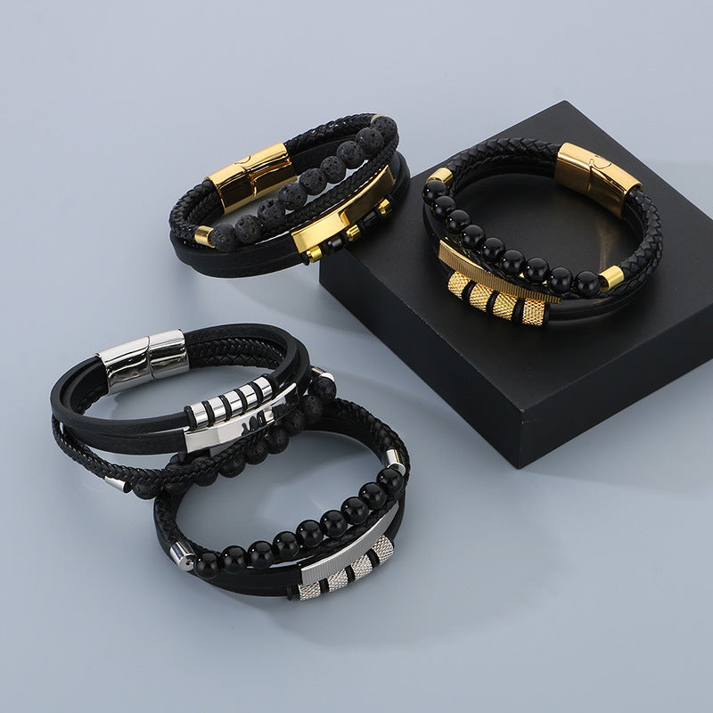 Vintage Lederarmband für Herren mit Vulkanstein & Magnetplatte – Mehrlagige Mikrofaser-Flechtung