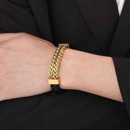 Doppelreihiges Leder-Armband mit Titanstahl-Kette – Magnetverschluss für Herren