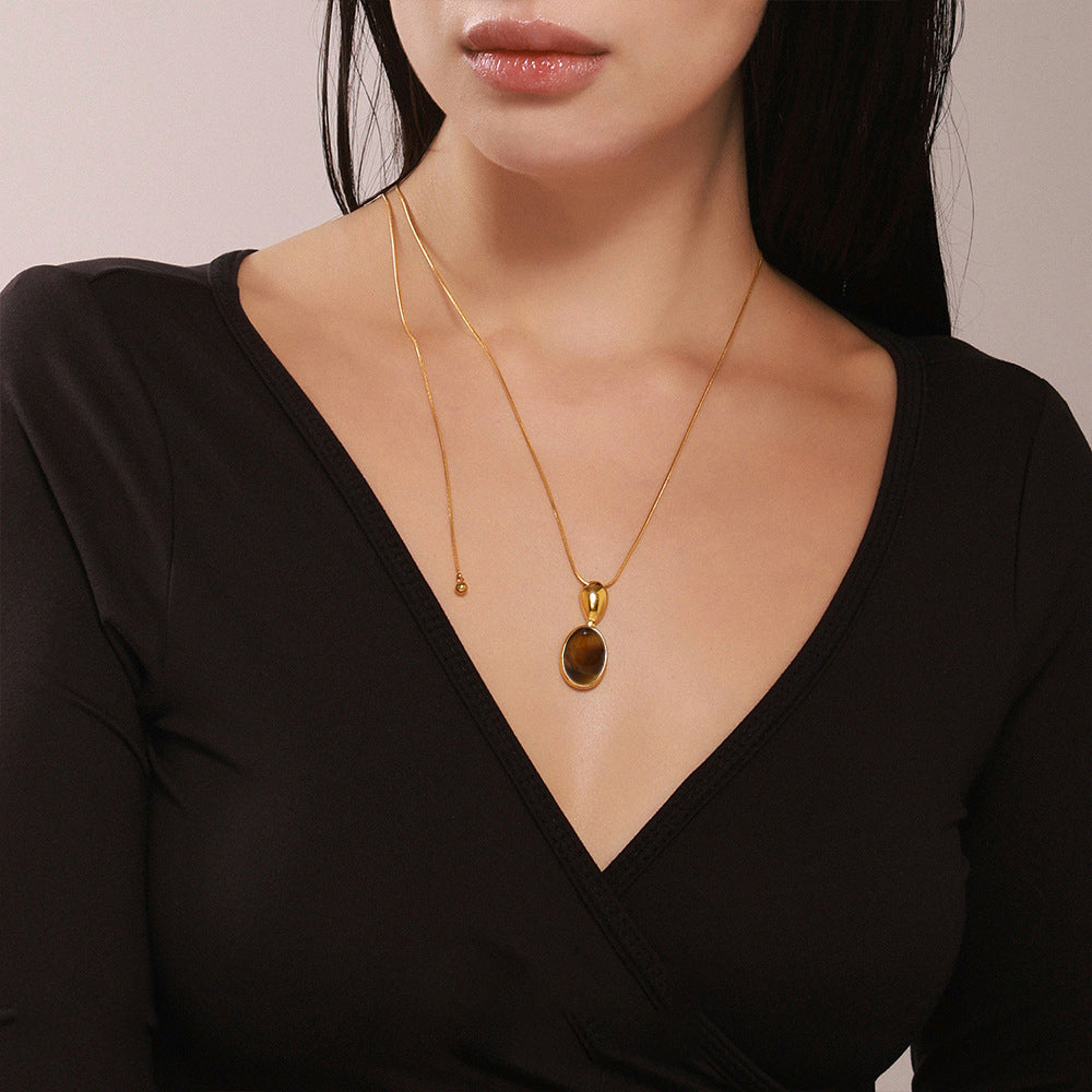 Lange Oval-Kette mit Tigerauge & schwarzem Onyx – 18K Echtgold-Vergoldung oder Edelstahl-Optik (wahlweise)