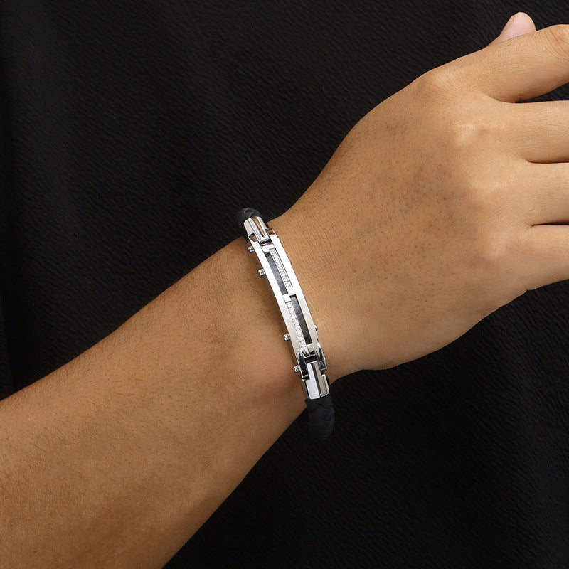 Herren Armband mit Stahldraht-Einlage – Geflochtenes Edelstahl-Lederband