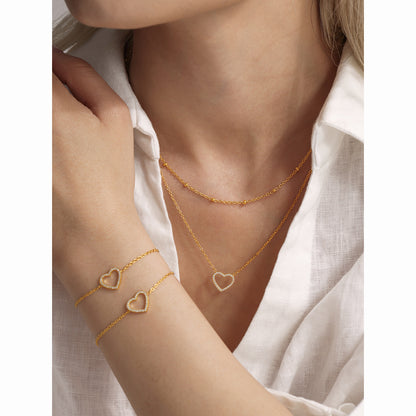 Doppelkette-Set: Herz-Anhänger mit Zirkonia & Kreuz-Kette mit Stahlperlen – 18K vergoldet oder silberner Edelstahl