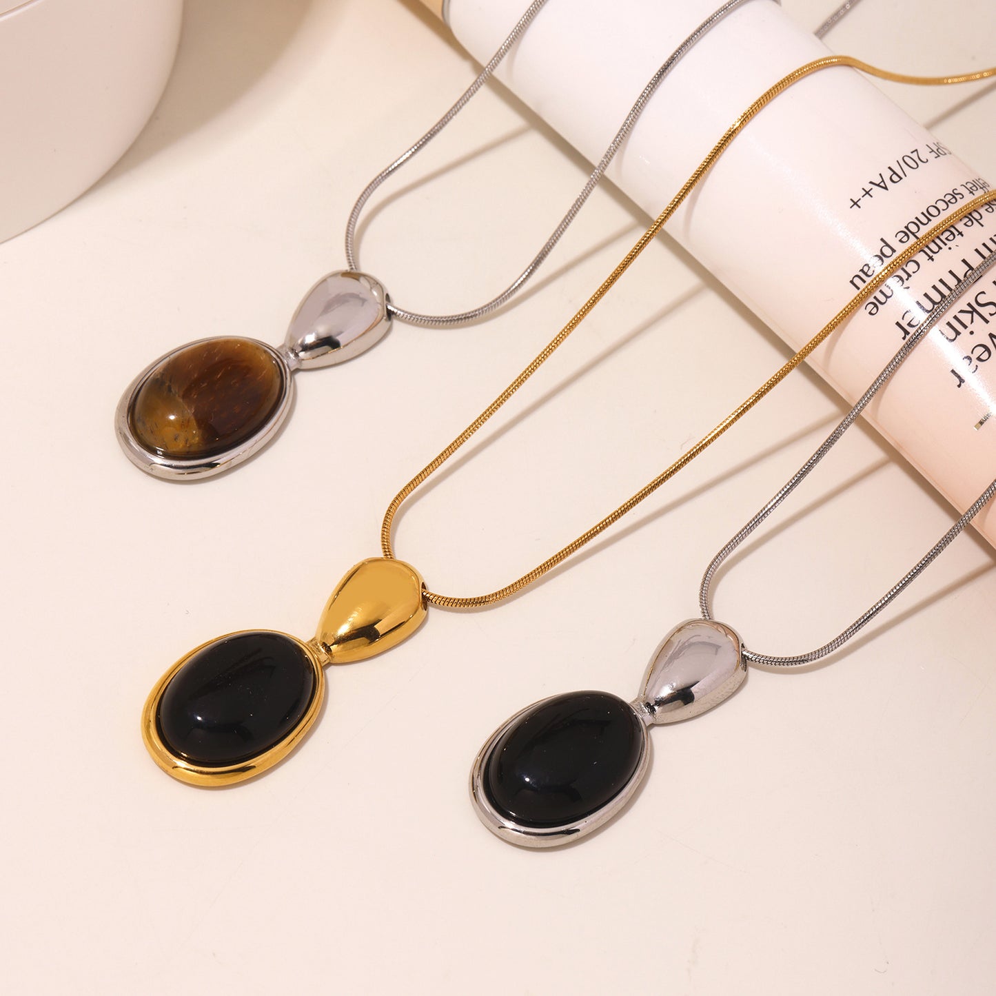 Lange Oval-Kette mit Tigerauge & schwarzem Onyx – 18K Echtgold-Vergoldung oder Edelstahl-Optik (wahlweise)