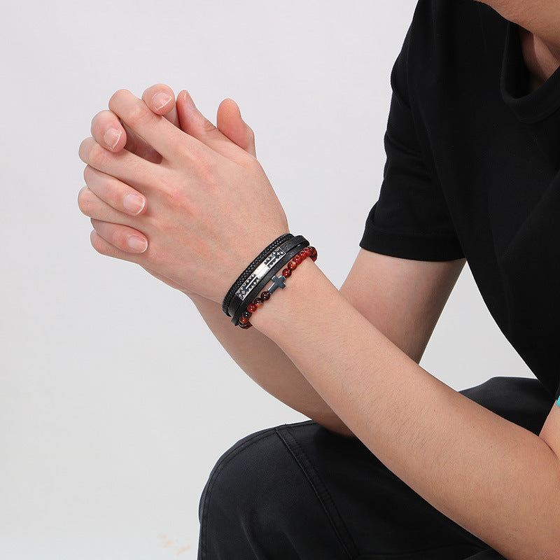 Vintage Lederarmband für Herren mit Titanstahl-Kreuz & Achatperlen – Mehrlagig geflochten