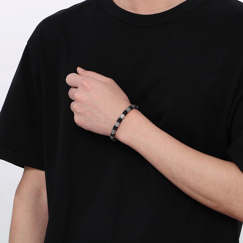 Edelstahl-Armband für Männer mit Microfaser-Leder-Einsatz – Zeitloses Perlen-Design für Business & Freizeit