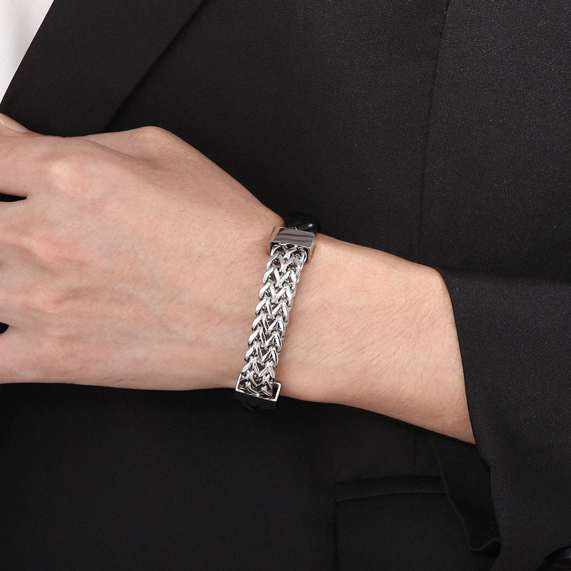 Doppelreihiges Leder-Armband mit Titanstahl-Kette – Magnetverschluss für Herren