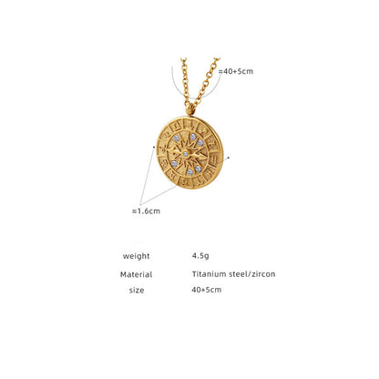 Retro-Medaille-Anhänger mit Zirkonia & Relief-Zifferblatt – Edelstahlkette in Gold oder Silber