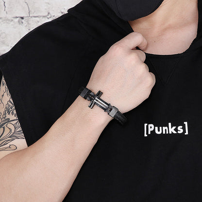 Herren Armband aus Edelstahl mit Kreuz-Anhänger & Lederflechtung | Hypoallergen
