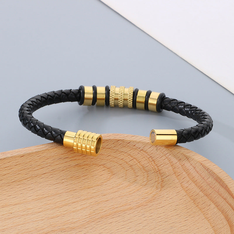 Ledergeflecht-Armband für Herren mit Edelstahl-Magnetverschluss