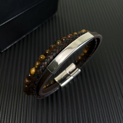 Geflochtenes Lederarmband mit Tigerauge für Männer – Mehrlagiges Design