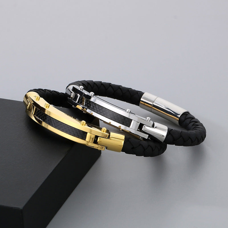 Modisches Herren-Armband aus Edelstahl & geflochtenem Leder - Mit Fiber- oder Stahldraht-Einlagen