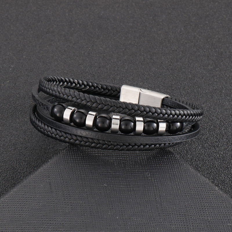Mehrlagiges schwarzes Lederarmband mit Edelstahl-Akzenten – Handgeflochtener Unikatschmuck