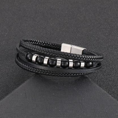 Mehrlagiges schwarzes Lederarmband mit Edelstahl-Akzenten – Handgeflochtener Unikatschmuck