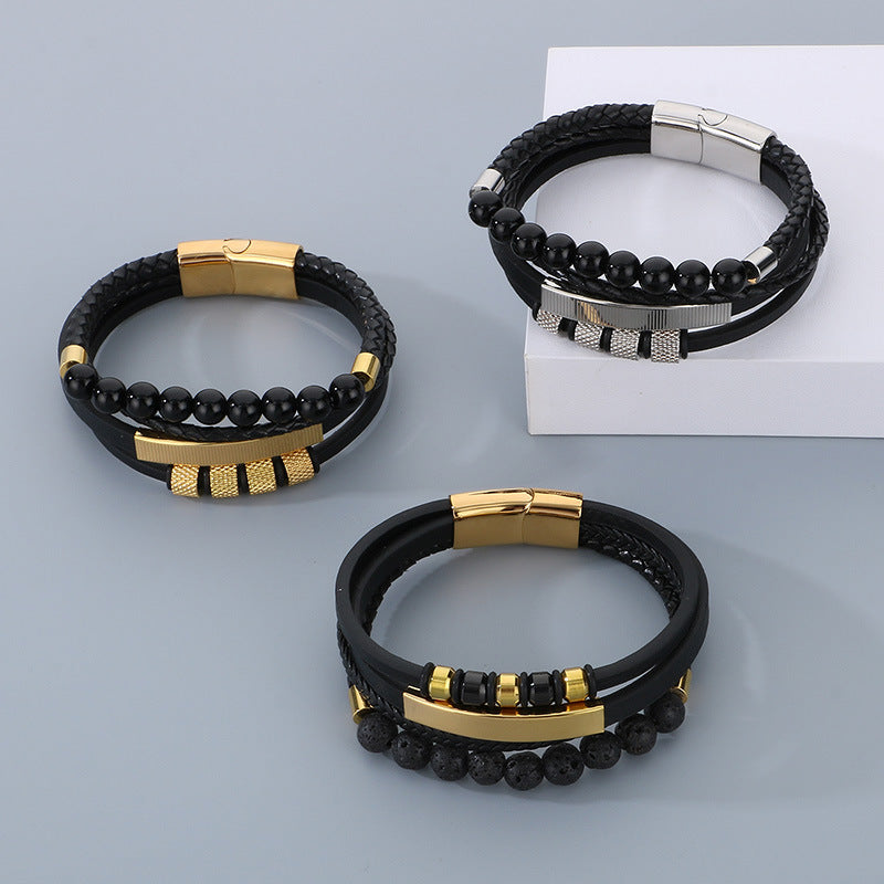 Vintage Lederarmband für Herren mit Vulkanstein & Magnetplatte – Mehrlagige Mikrofaser-Flechtung