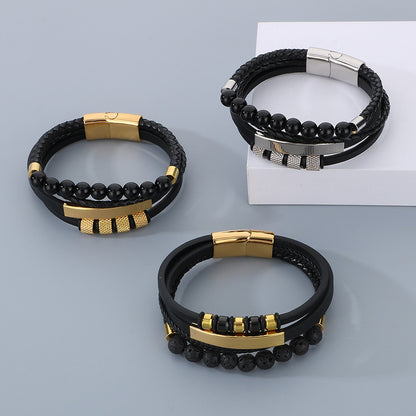 Vintage Lederarmband für Herren mit Vulkanstein & Magnetplatte – Mehrlagige Mikrofaser-Flechtung