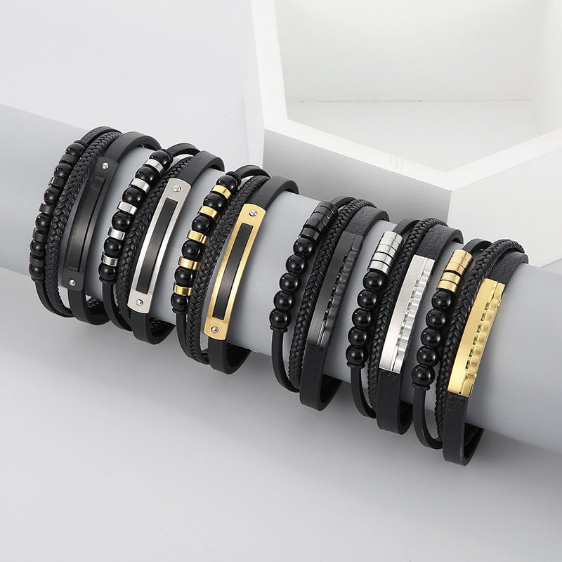 Mehrlagiges geflochtenes Lederarmband mit Edelstahl & geometrischen Perlen – Handgefertigter Unikatschmuck