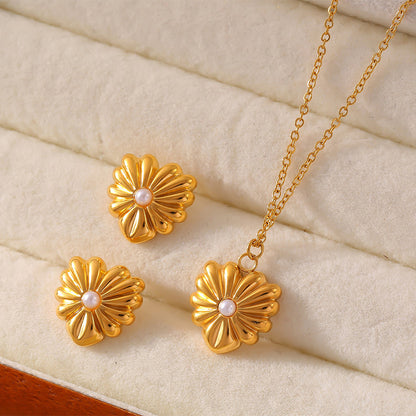Retro Blumen-Ohrstecker & Kette | Edelstahl mit 18K Goldbeschichtung oder Hochglanz-Silberoptik - Zeitlos elegant