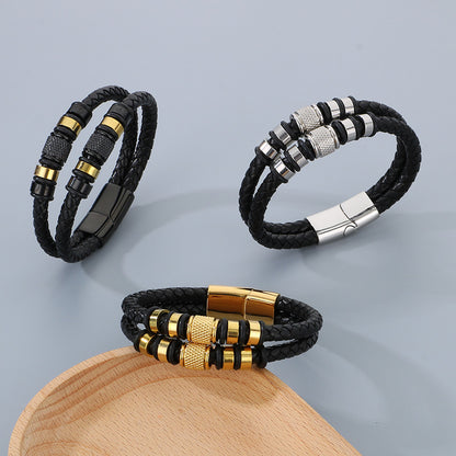 Mehrlagiges Ledergeflecht-Armband aus Edelstahl – Retro-Punk-Design mit Magnetverschluss