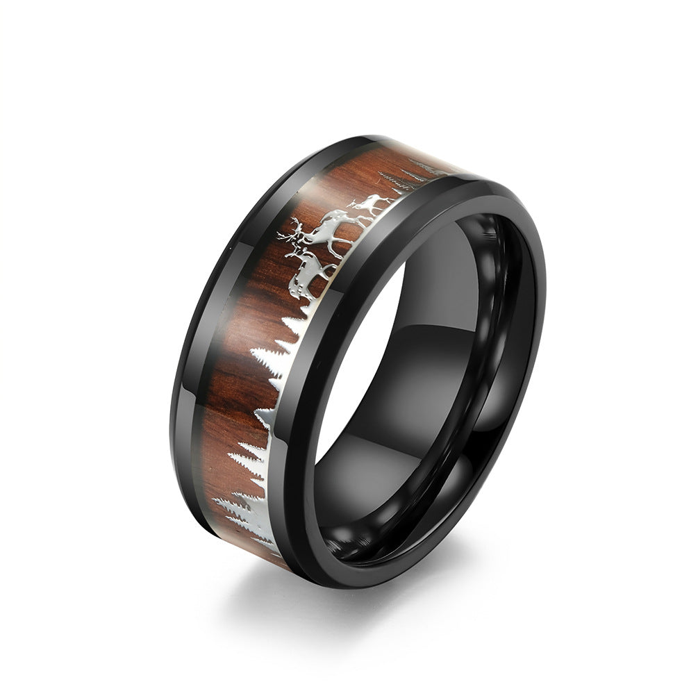 Wildhirsch Titanstahl Ring mit Holzoptik - Naturinspirierter Männerschmuck - Waldmotiv Ehering - Rustikaler Holz & Metall Ring