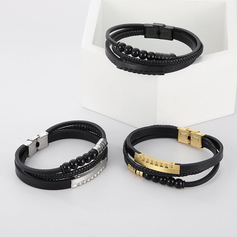 Mehrlagiges geflochtenes Lederarmband mit Edelstahl & geometrischen Perlen – Handgefertigter Unikatschmuck