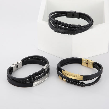 Mehrlagiges geflochtenes Lederarmband mit Edelstahl & geometrischen Perlen – Handgefertigter Unikatschmuck