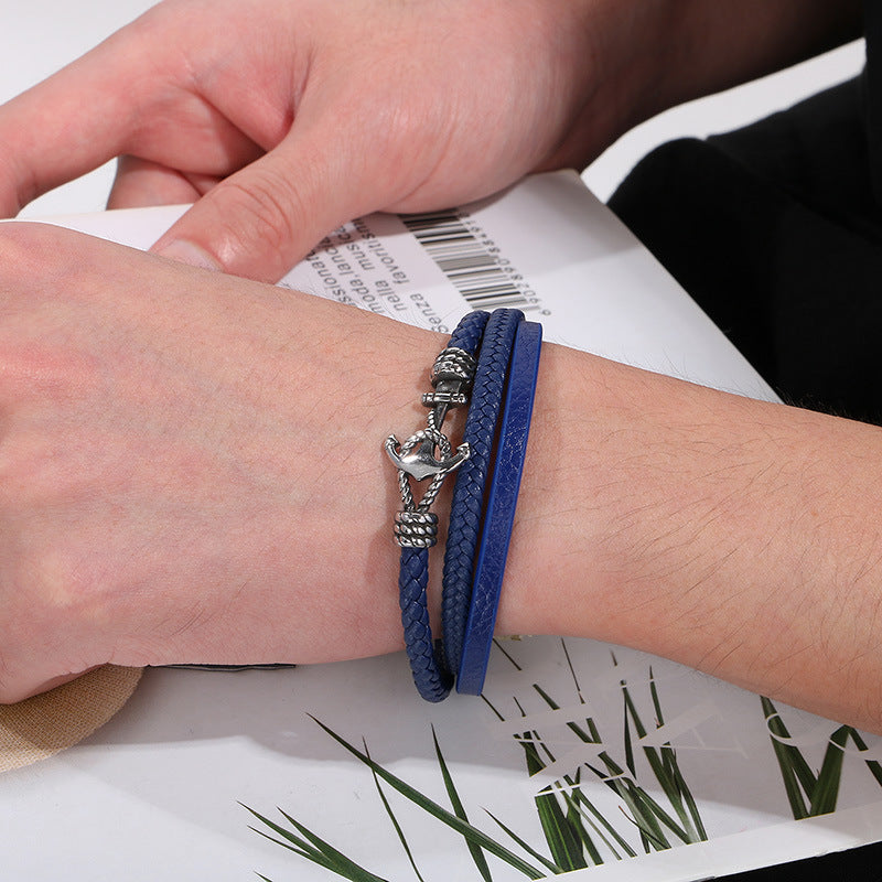 Maritimes Lederarmband mit Anker-Charm aus Edelstahl – Mehrlagig handgeflochten