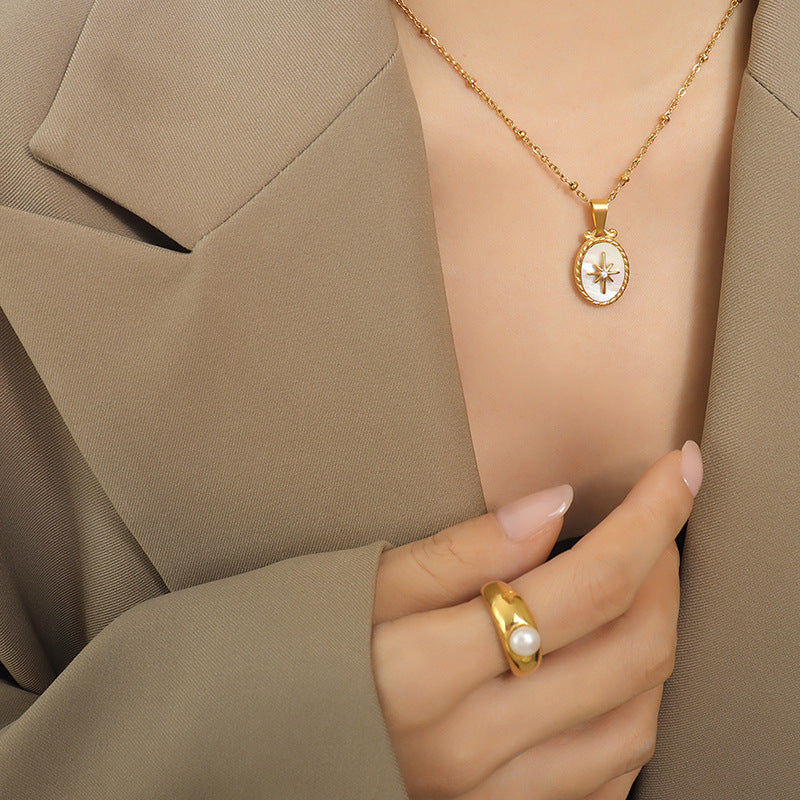 Weißes Muschel-Stern-Anhänger Set mit Zirkonia | Edelstahl Schmuck in 18K Gold oder Hochglanz-Silber - Inklusive Ohrstecker