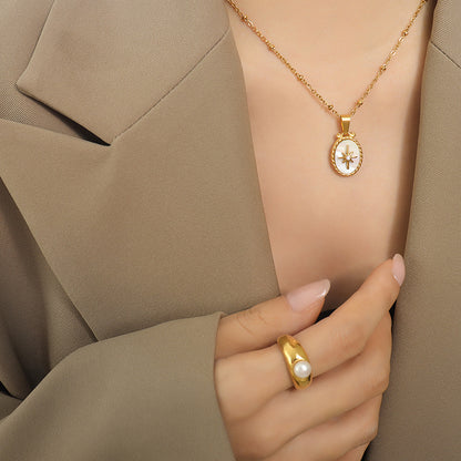 Weißes Muschel-Stern-Anhänger Set mit Zirkonia | Edelstahl Schmuck in 18K Gold oder Hochglanz-Silber - Inklusive Ohrstecker