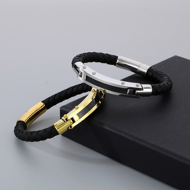 Modisches Herren-Armband aus Edelstahl & geflochtenem Leder - Mit Fiber- oder Stahldraht-Einlagen