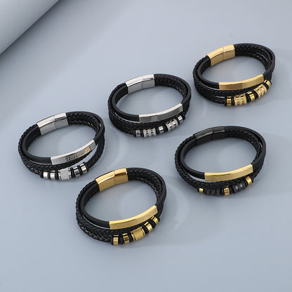 Herren-Armband aus Titanstahl - Mehrlagiges Ledergeflecht mit gebogenem Edelstahlblech und Magnetverschluss