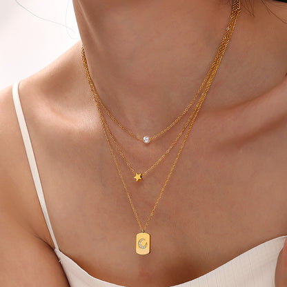 Sternen-Doppelkette mit Perlenimitat – 18K vergoldeter Edelstahl oder Silberoptik für stylisches Layering