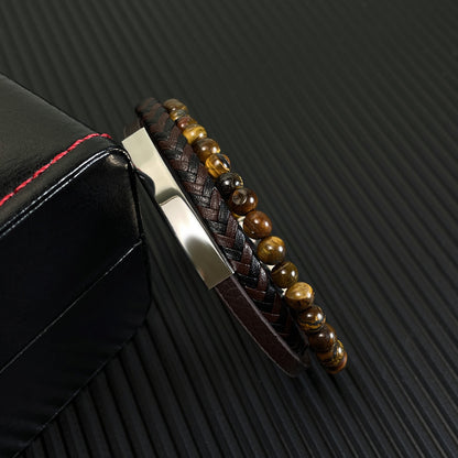 Geflochtenes Lederarmband mit Tigerauge für Männer – Mehrlagiges Design
