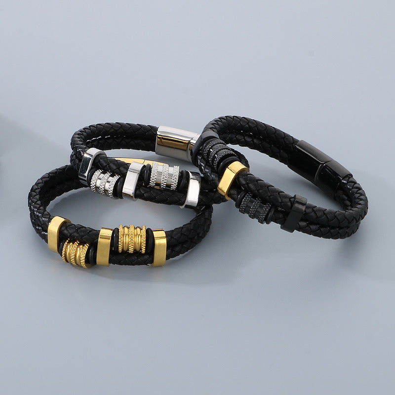 Mehrlagiges Ledergeflecht-Armband aus Edelstahl – Retro-Punk-Design mit Magnetverschluss